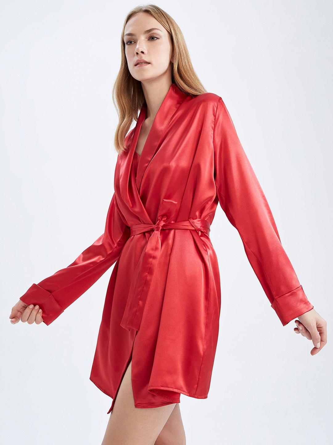 

DeFacto Shawl Collar Mini Robe, Red