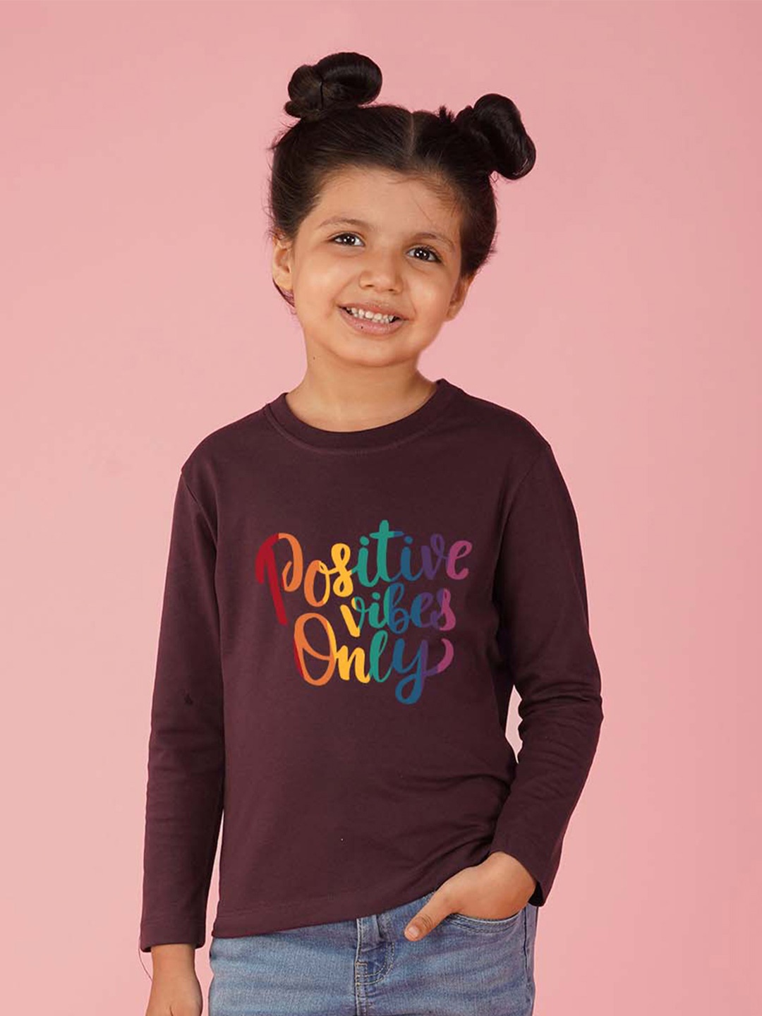 

NUSYL Girls Typography Printed Round Neck T-shirt, Maroon