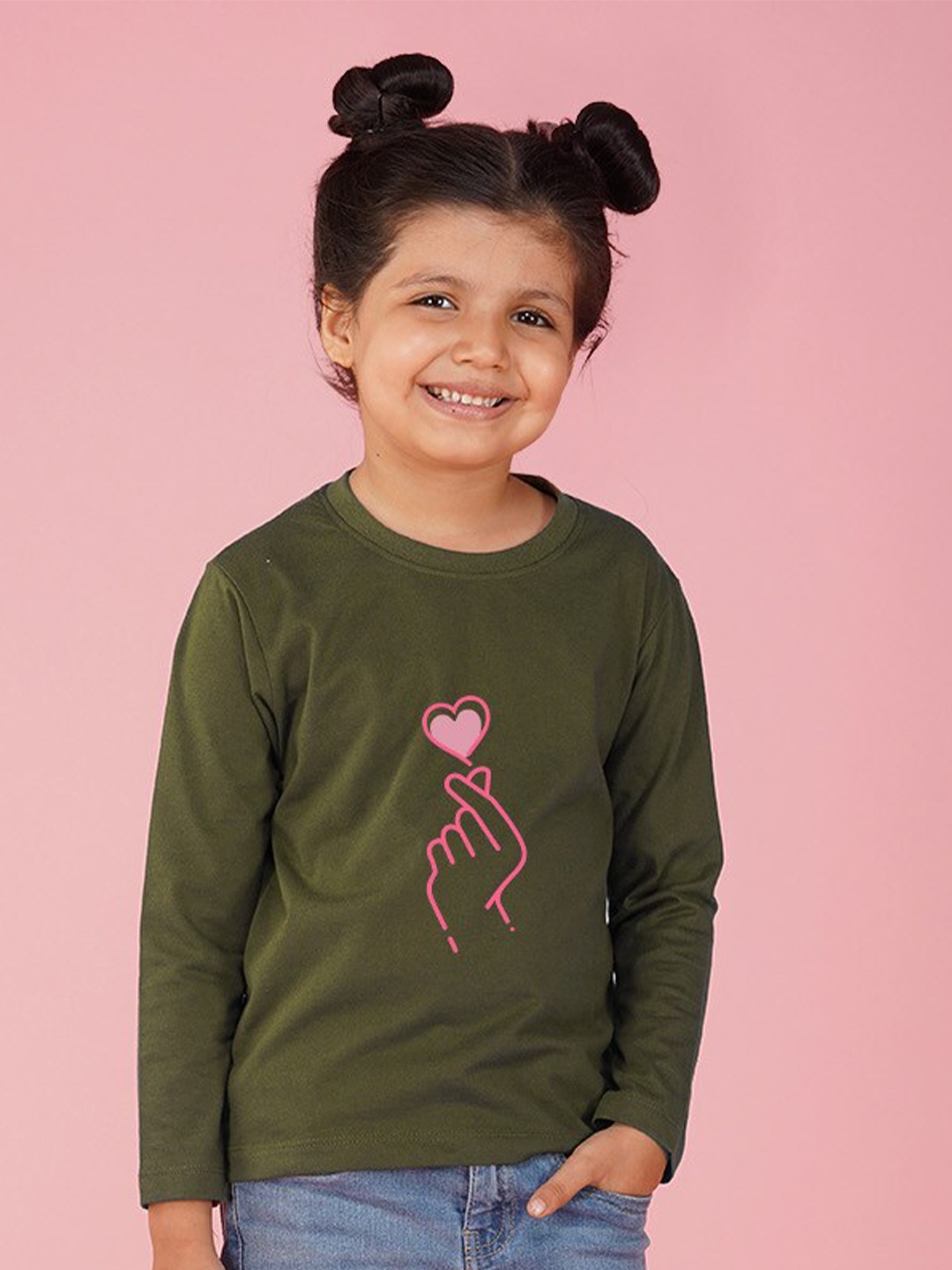 

NUSYL Girls Graphic Printed Round Neck T-shirt, Olive