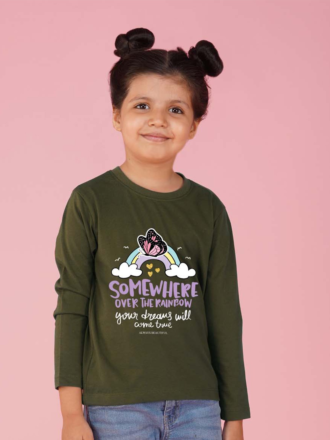 

NUSYL Girls Graphic Printed Long Sleeves T-shirt, Olive