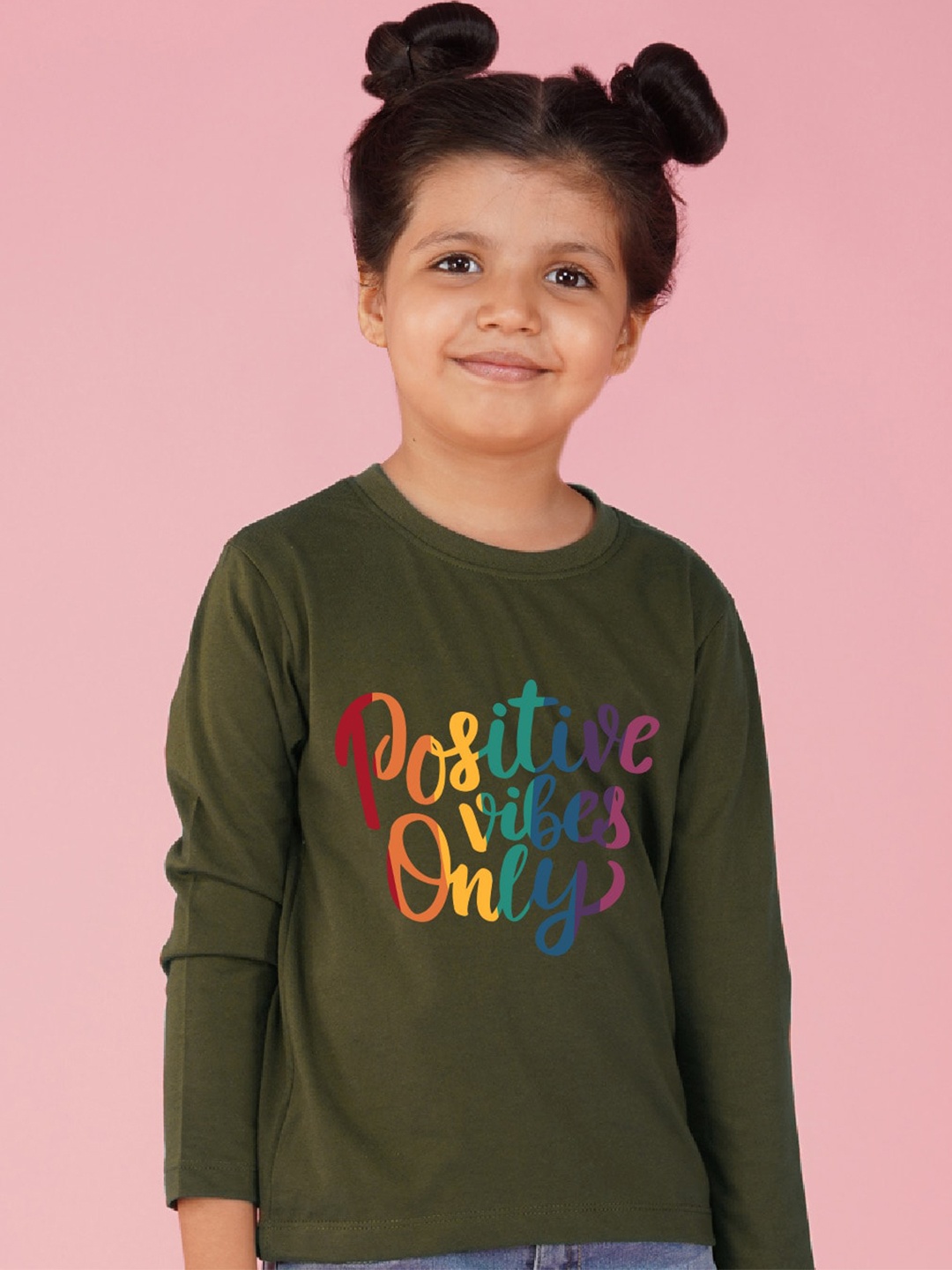 

NUSYL Girls Typography Printed Long Sleeves T-shirt, Olive