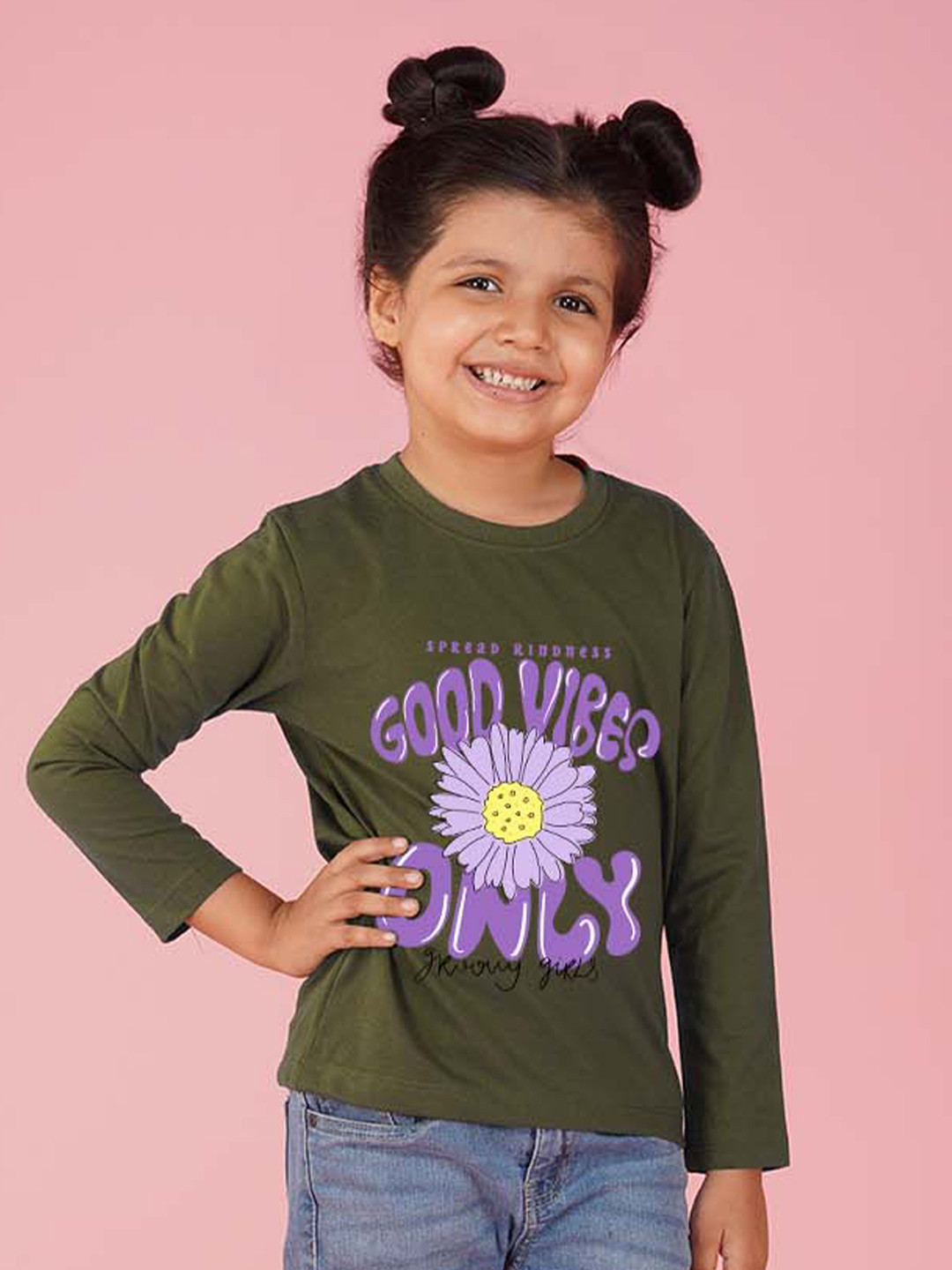 

NUSYL Girls Round Neck Floral Printed T-shirt, Green