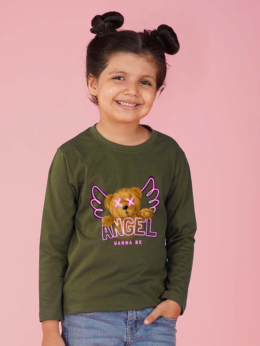 

NUSYL Girls Round Neck Graphic Printed T-shirt, Green