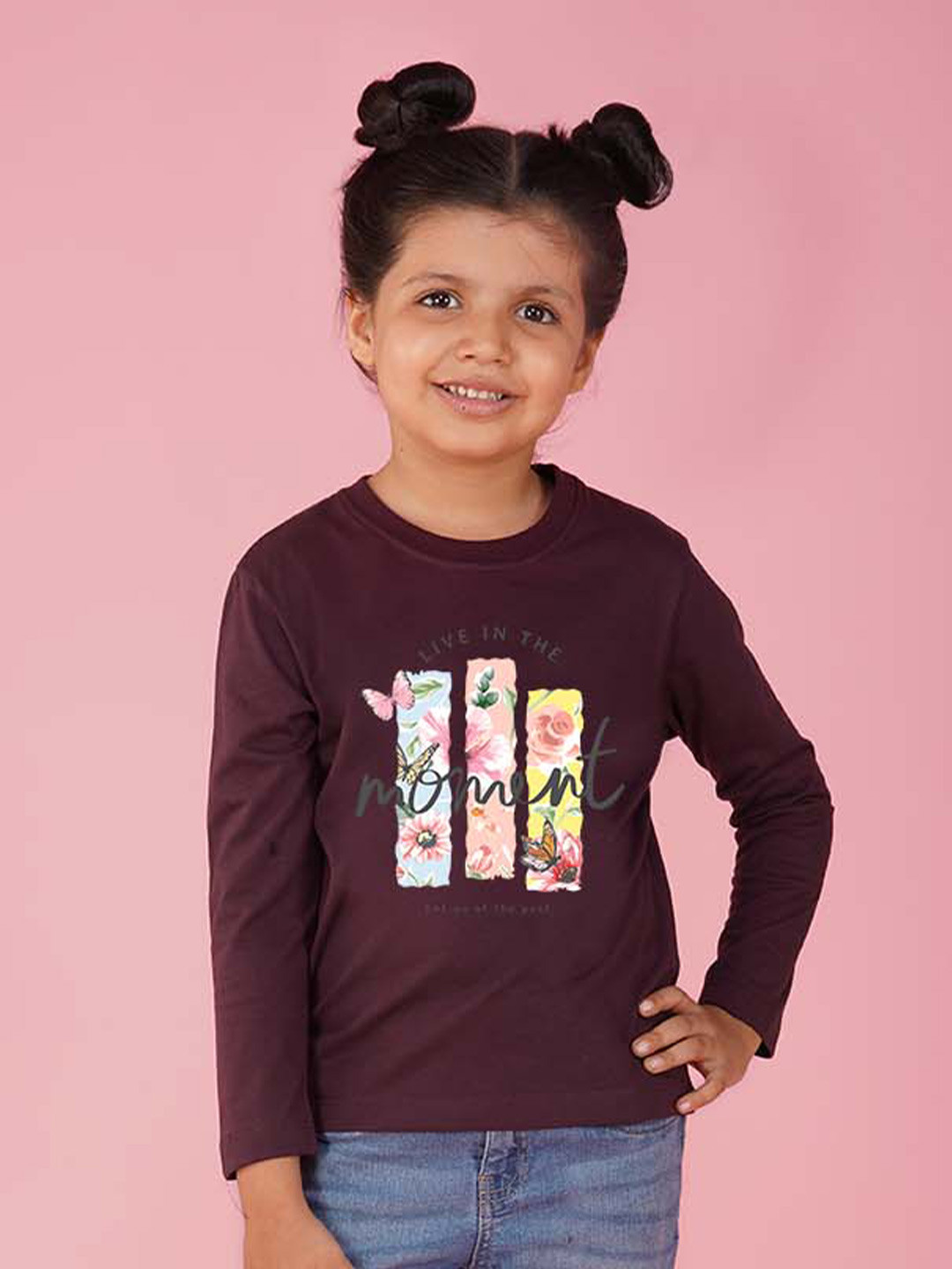 

NUSYL Girls Round Neck Floral Printed T-shirt, Maroon