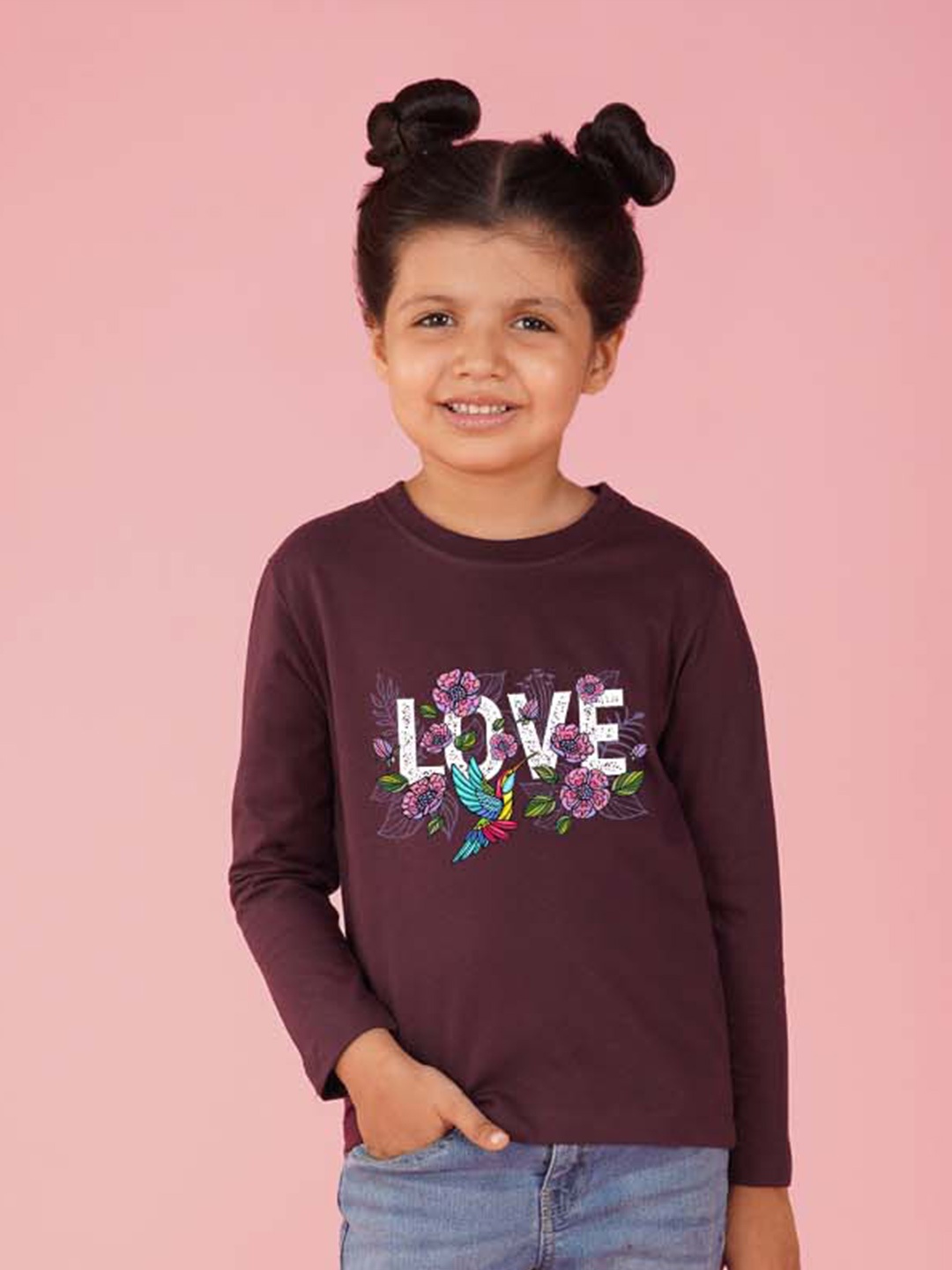 

NUSYL Girls Typographic Printed Long Sleeves T-shirt, Maroon