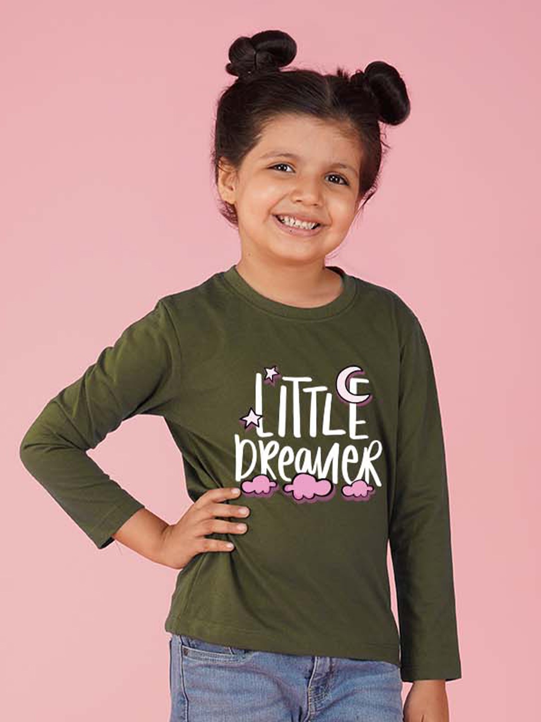 

NUSYL Girls Typographic Printed Long Sleeves T-shirt, Olive