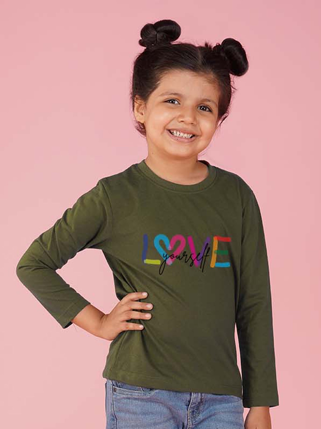 

NUSYL Girls Typographic Printed Long Sleeves T-shirt, Olive