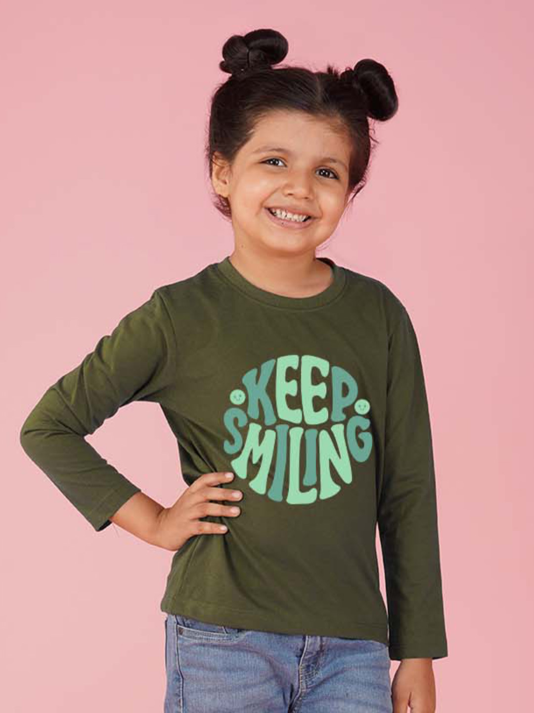 

NUSYL Girls Typographic Printed Long Sleeves T-shirt, Olive