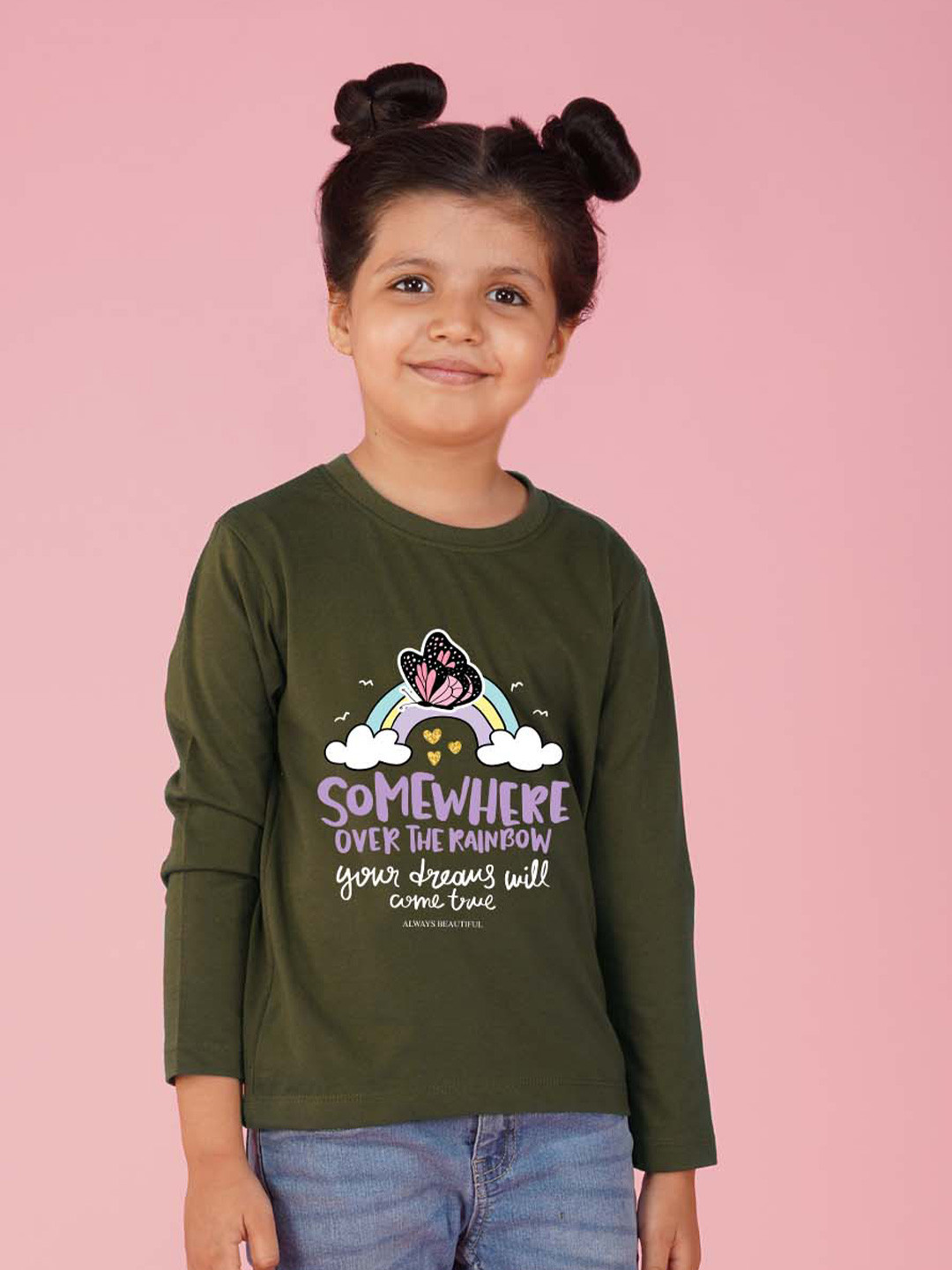 

NUSYL Girls Typographic Printed Long Sleeves T-shirt, Olive