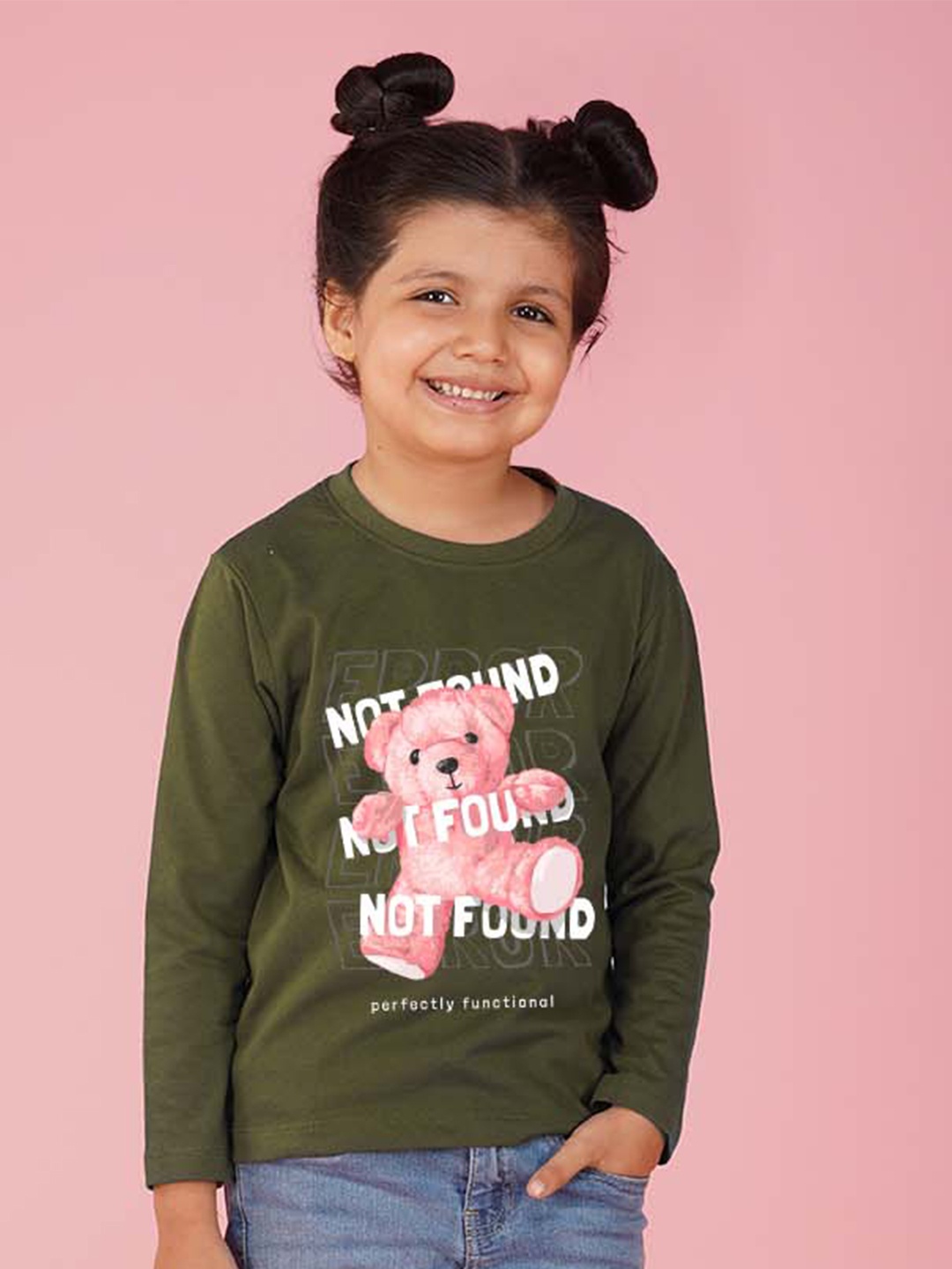 

NUSYL Girls Text & Teddy Bear Printed Round Neck T-Shirt, Olive