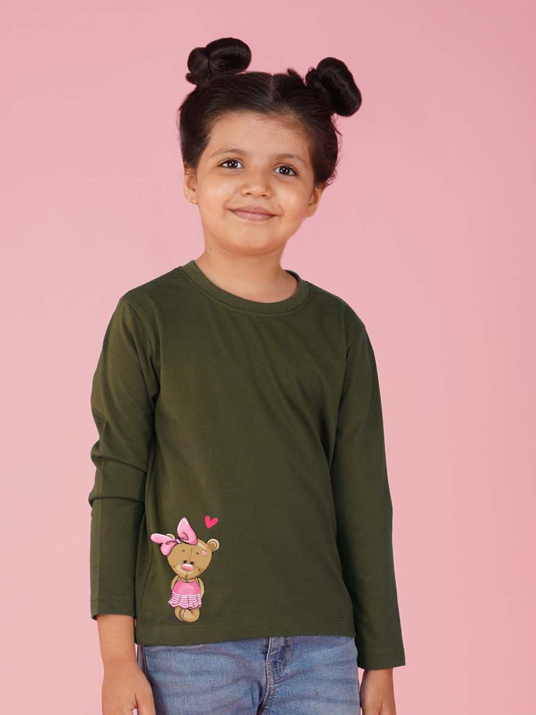 

NUSYL Girls Teddy Bear Printed Round Neck T-Shirt, Olive