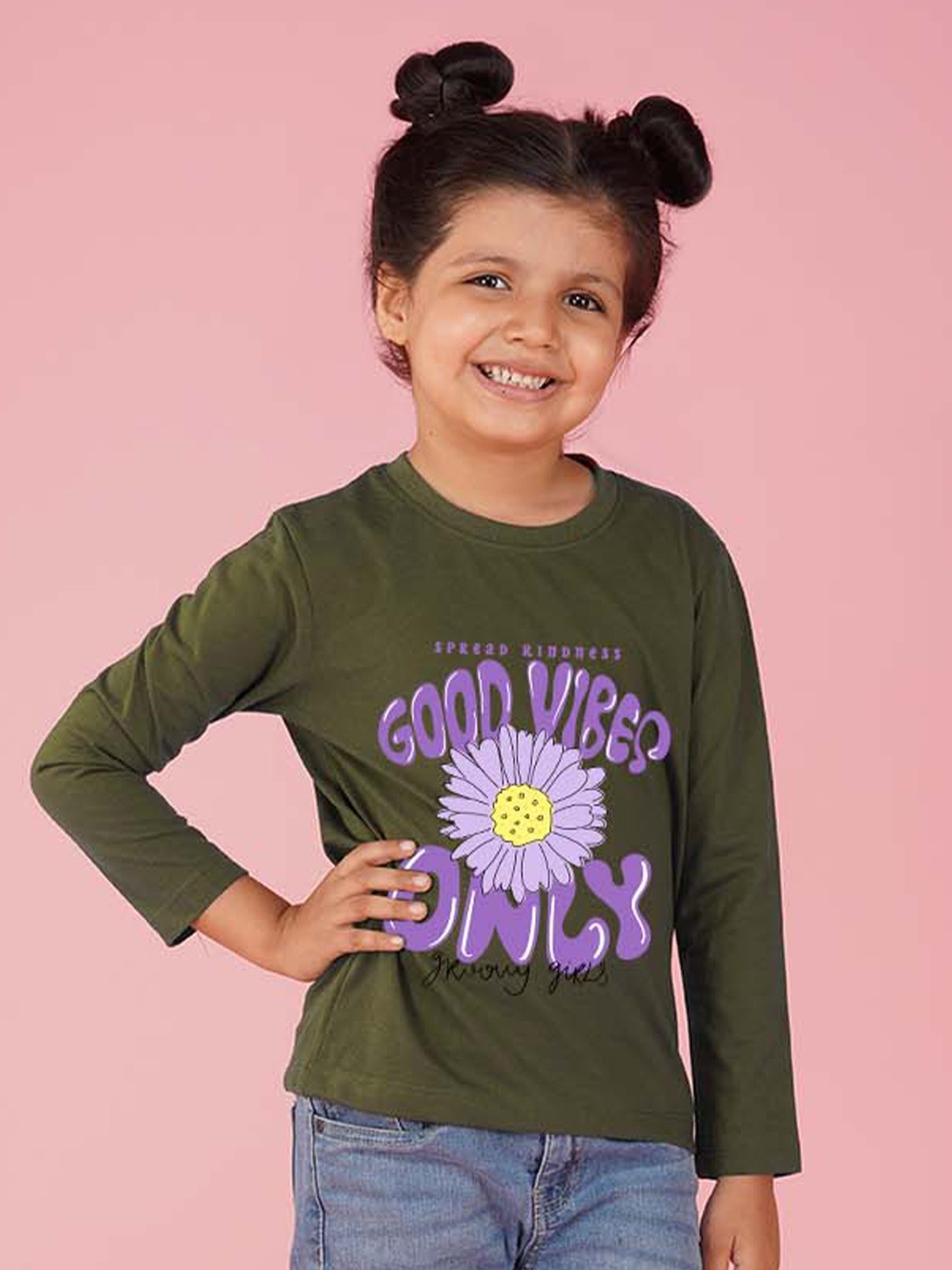 

NUSYL Girls Flower & Text Printed Round Neck T-Shirt, Olive