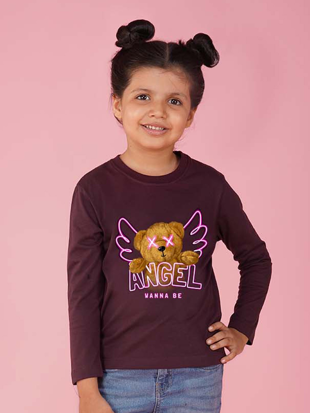 

NUSYL Girls Teddy Bear Printed Round Neck T-Shirt, Maroon