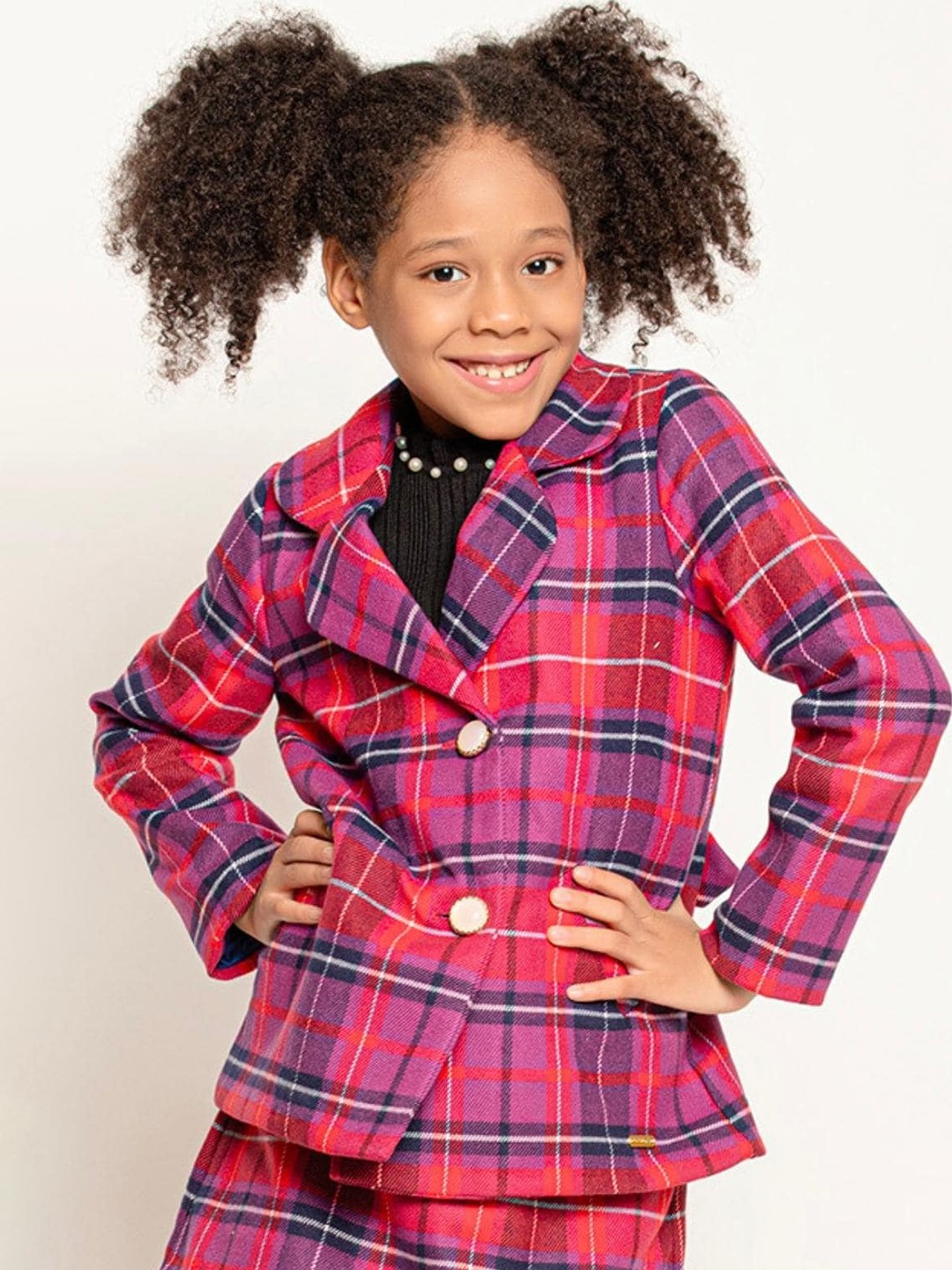 

One Friday Girls Checked Single Breasted Blazer, Purple