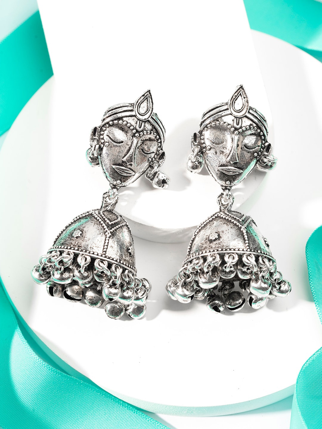 

Priyaasi Silver-Plated Oxidised Budhha Dome Shaped Jhumkas