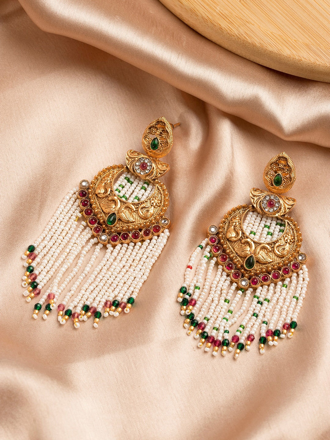 

Priyaasi Gold Plated Peacock Shaped Artificial Stones Drop Earrings