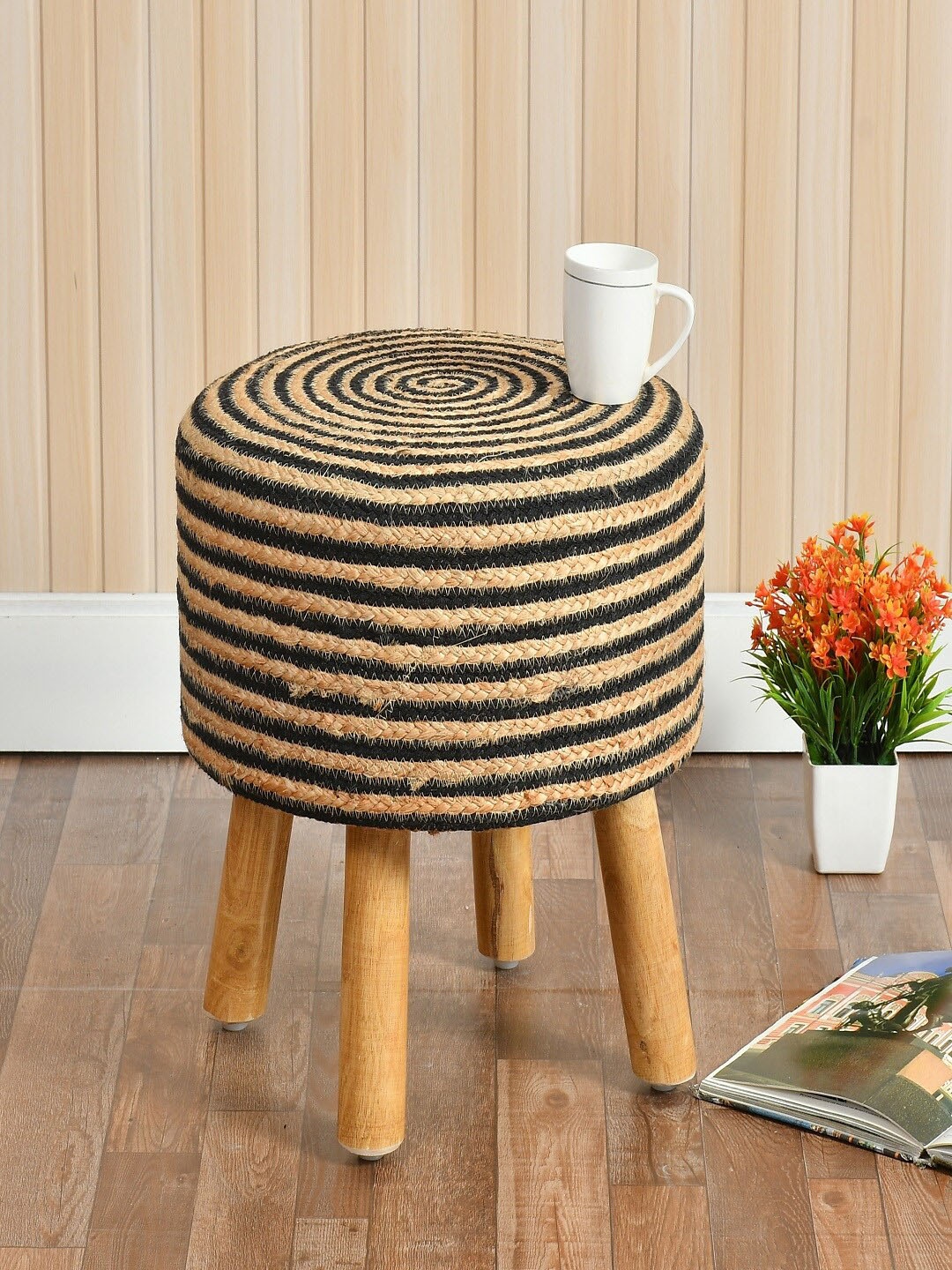 

Shadowkart Black & Beige Textured Circular Ottoman