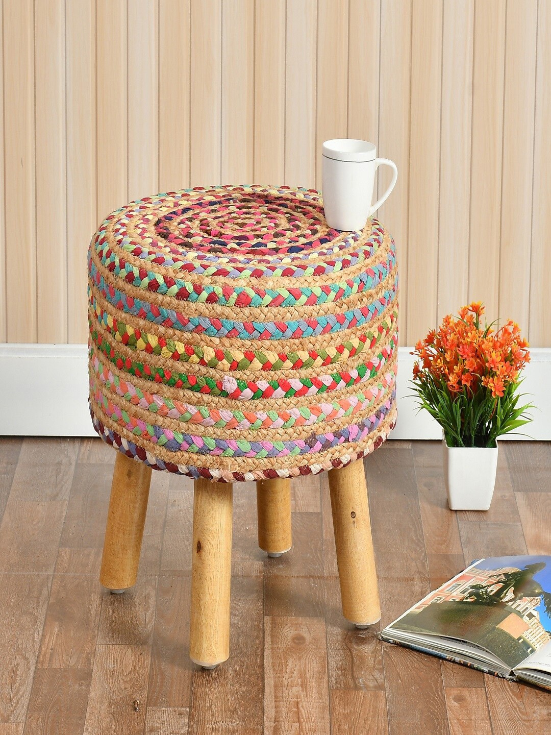 

Shadowkart Beige & Blue Textured Circular Ottoman