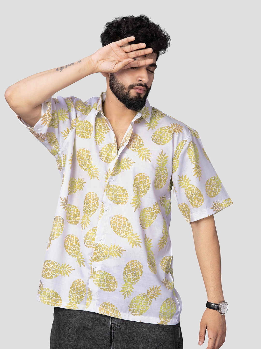 

BROWN BROTHERS Relaxed Conversational Printed Spread Collar Casual Shirt, Yellow