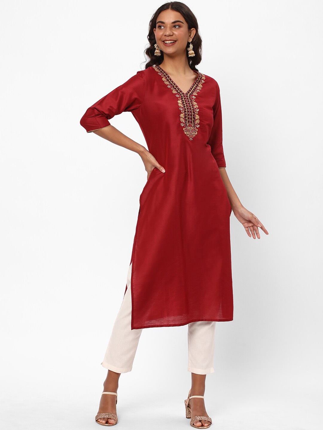 

R&B Thread Work V-Neck Straight Kurta, Brown