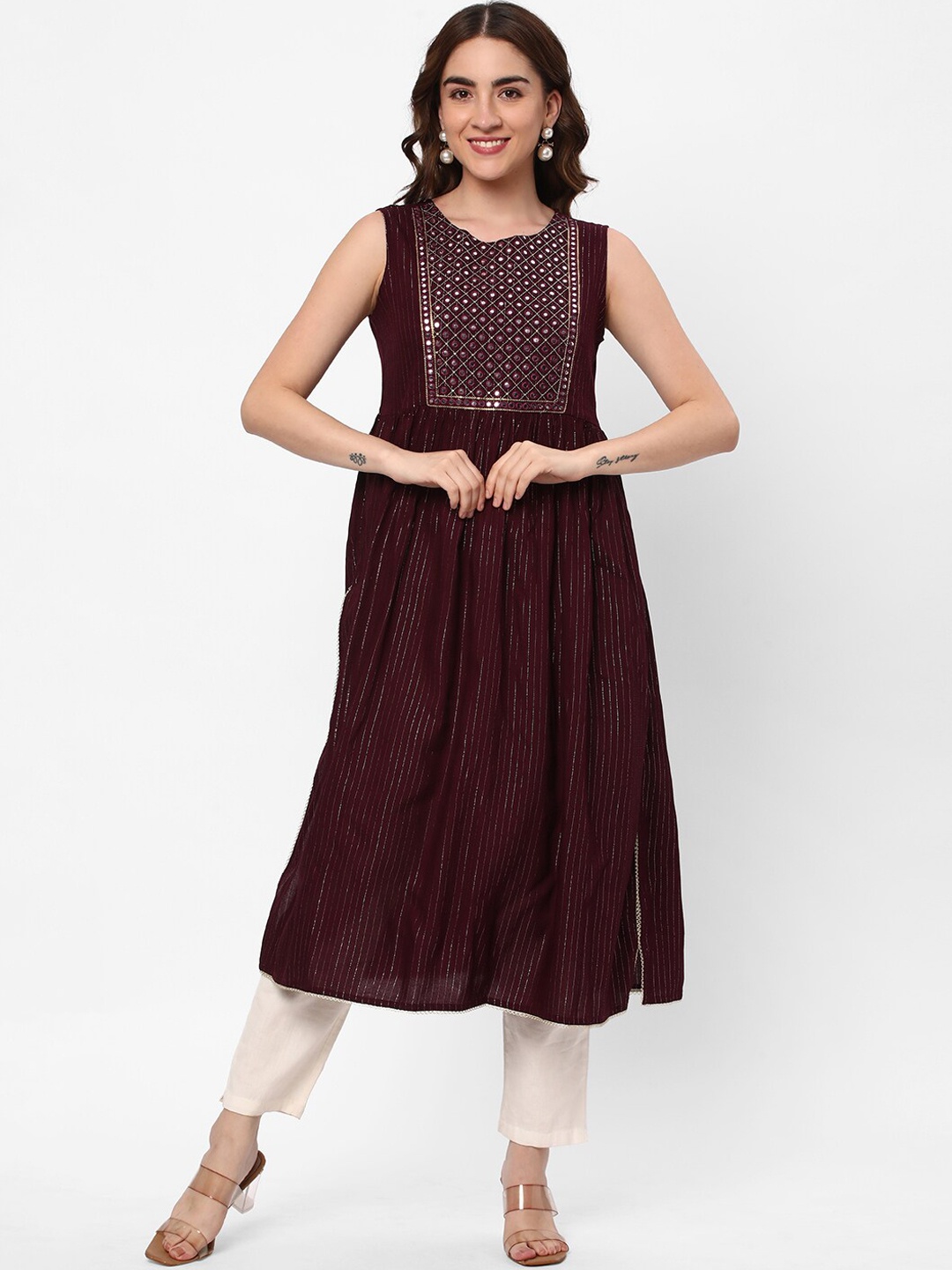 

R&B Mirror Work Sleeveless A-Line Kurta, Maroon