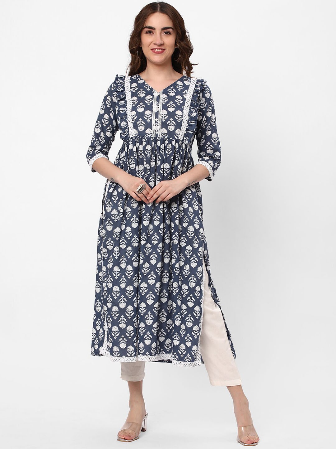 

R&B Floral Printed A-Line Cotton Kurta, Grey