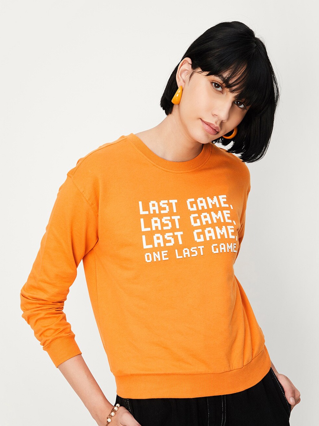 

max Typography Printed Pure Cotton Pullover Sweatshirt, Orange