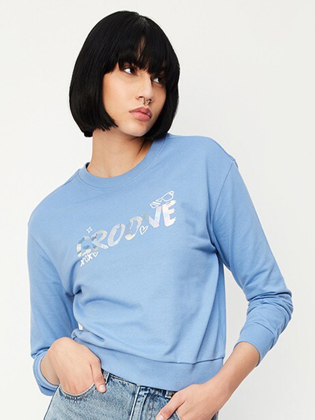 

max Printed Pure Cotton Pullover Sweatshirt, Blue
