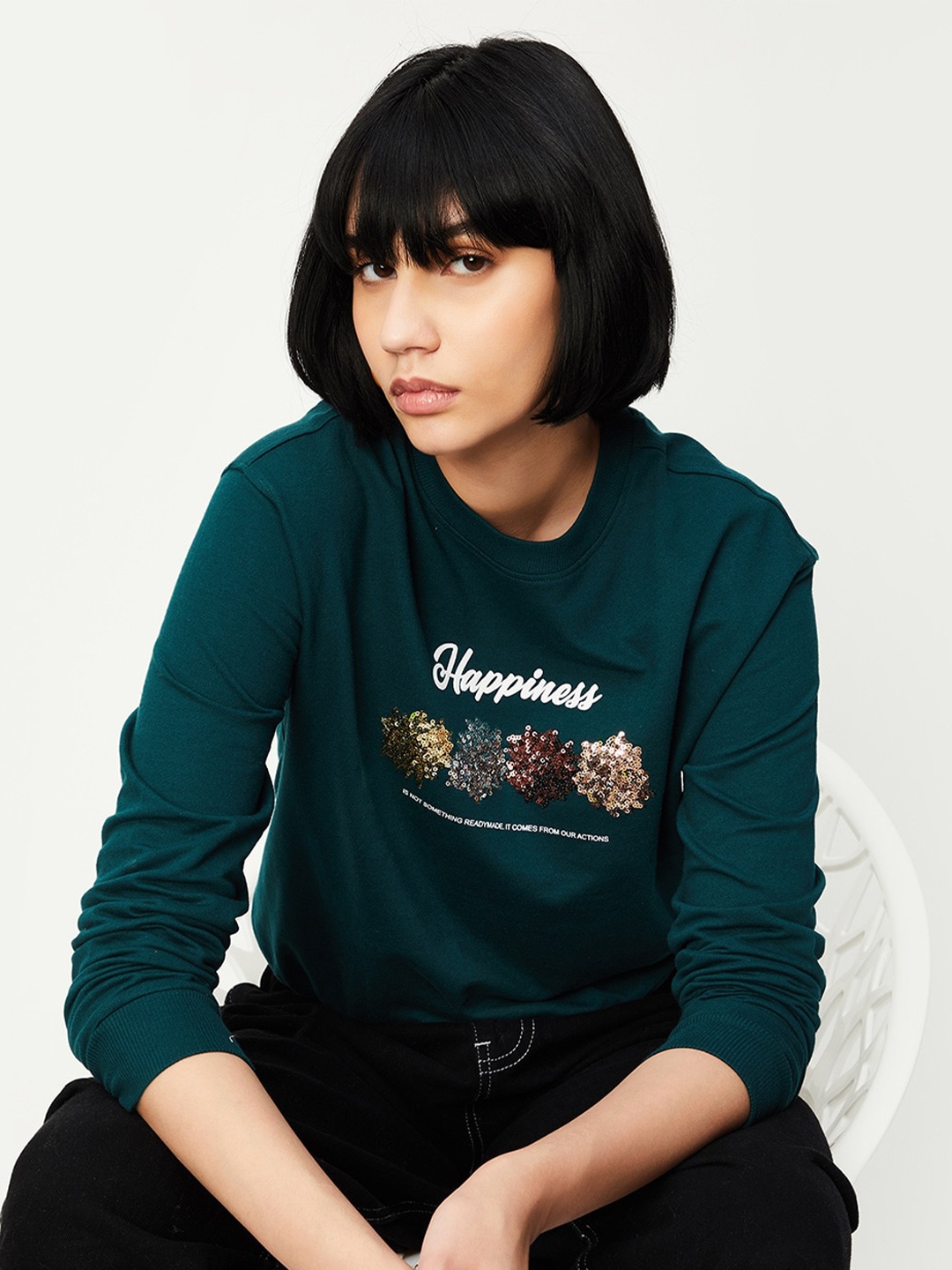 

max Typography Printed Pure Cotton Pullover, Green