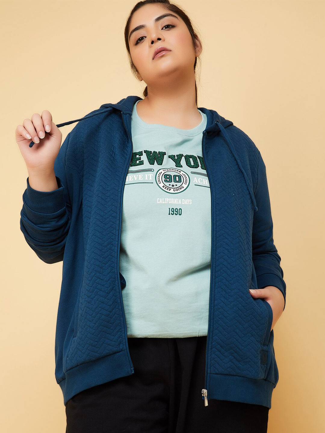 

max Plus Size Self Design Hooded Pure Cotton Front-Open Sweatshirt, Navy blue