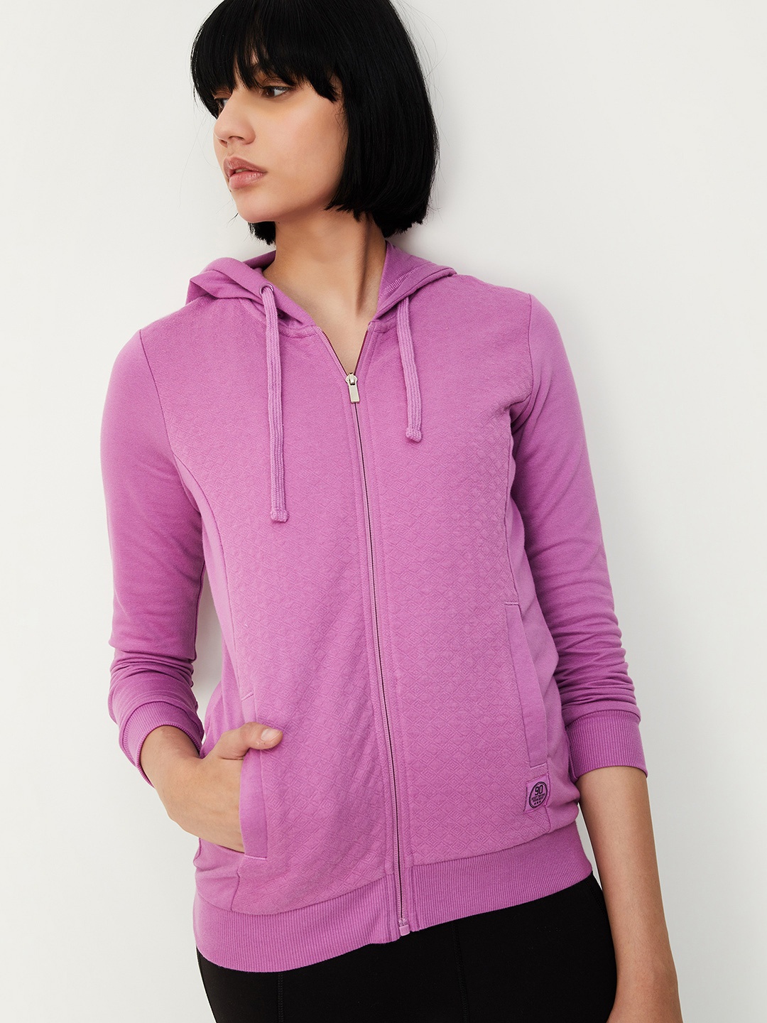 

max Self Design Hooded Pure Cotton Front-Open Sweatshirt, Purple