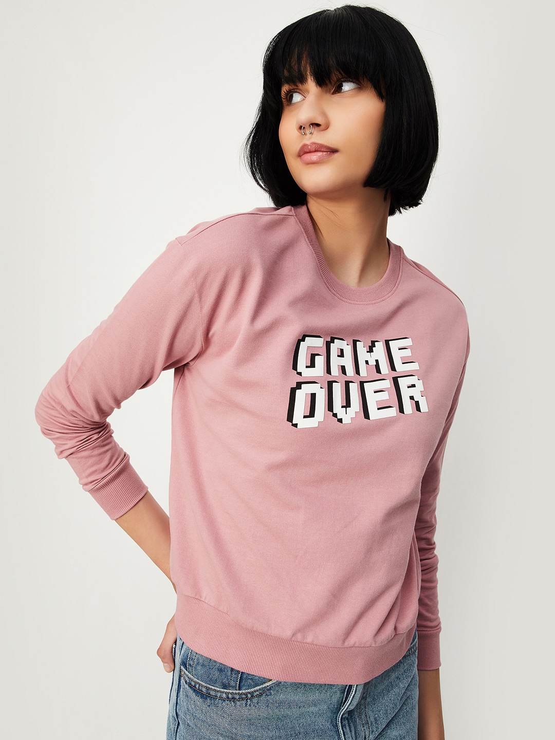 

max Typography Printed Pure Cotton Pullover, Pink