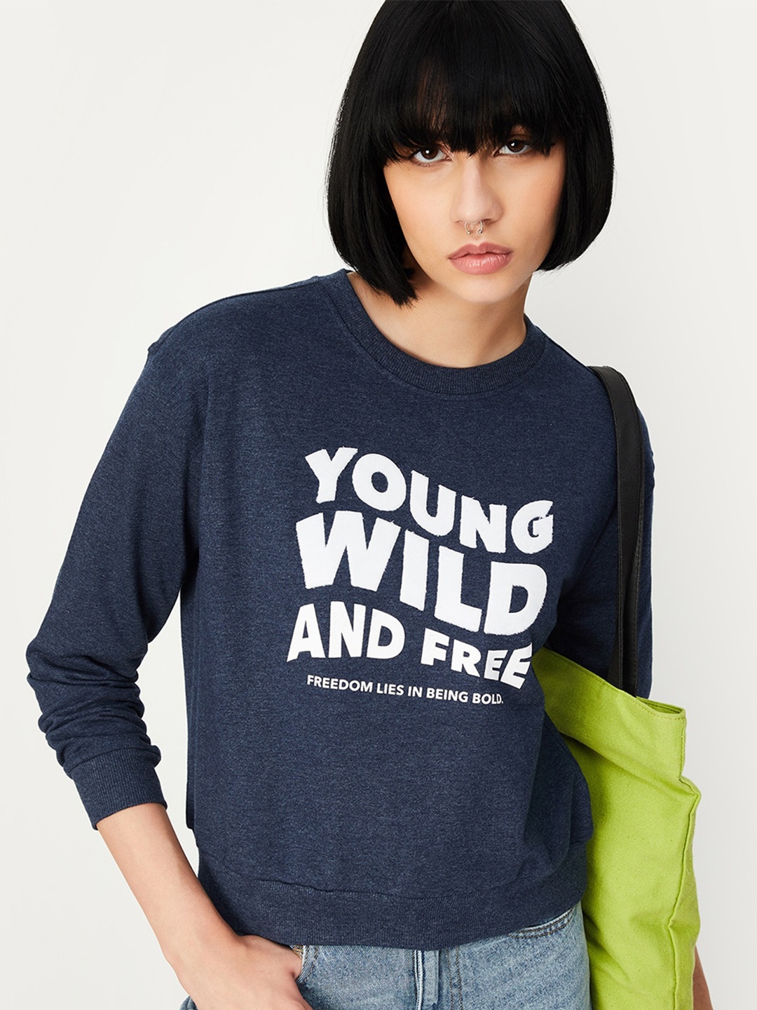 

max Typography Printed Pure Cotton Pullover, Navy blue