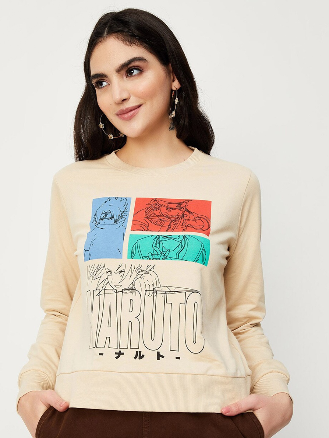 

max Naruto Printed Pure Cotton Pullover, Beige