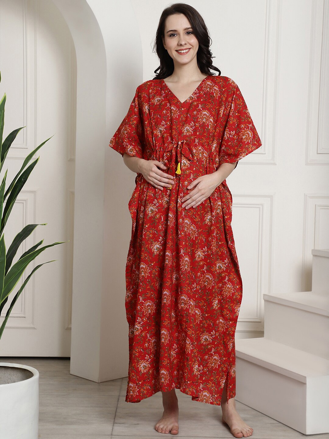 

Secret Wish Floral Printed V-Neck Pure Cotton Maternity Kaftan Nightdress, Red