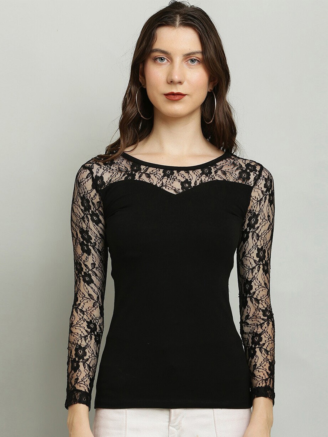 

LE BOURGEOIS Self Design Cotton Regular Top, Black