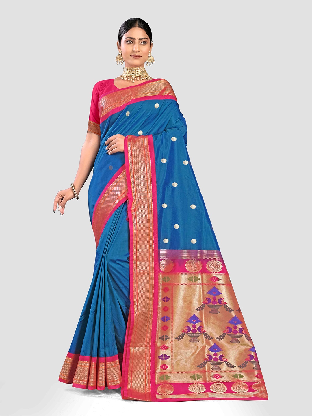 

KAJREE Ethni Motifs Woven Design Zari Detail Paithani Saree, Blue