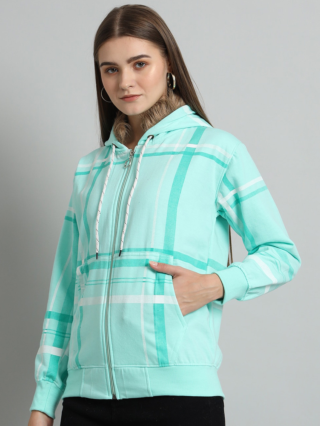 

eWools Checked Hooded Front-Open Sweatshirt, Green