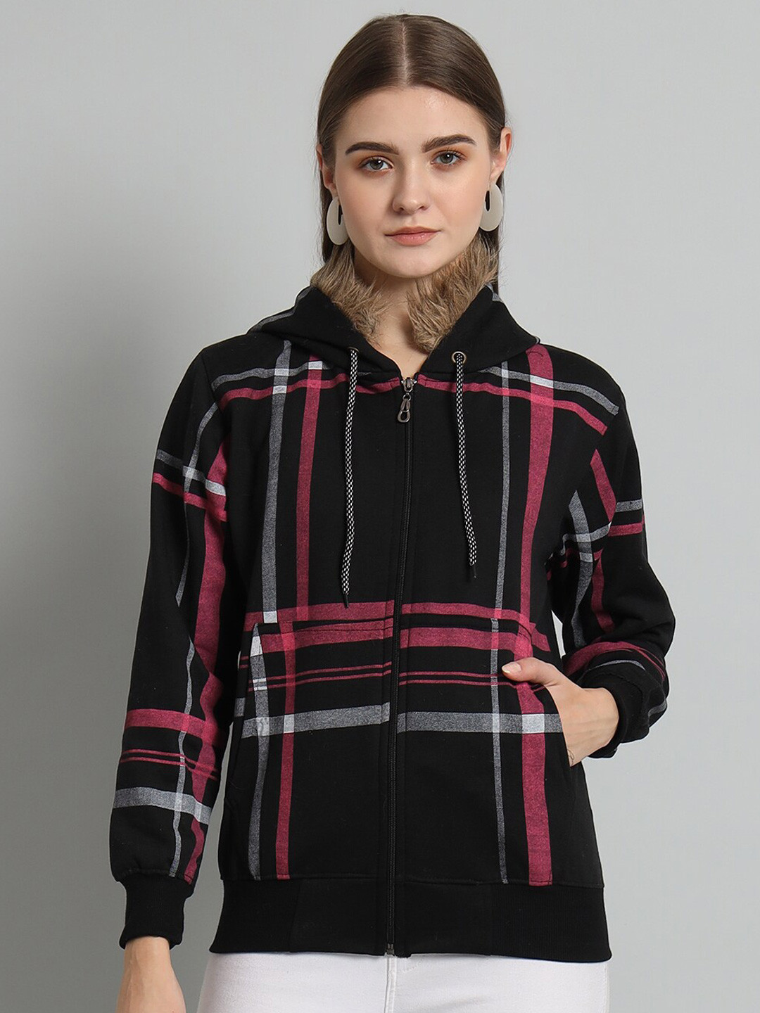 

eWools Checked Hooded Front-Open Sweatshirt, Black