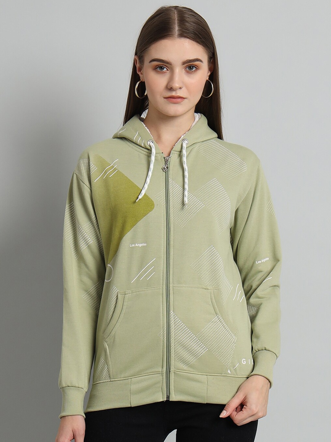 

eWools Geometric Printed Hooded Front-Open Sweatshirt, Green