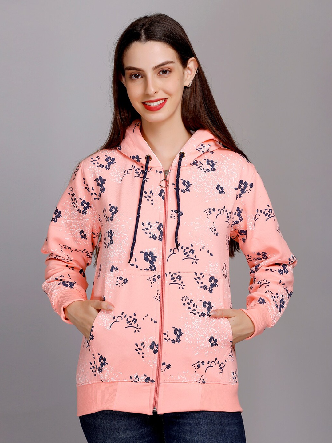 

eWools Floral Printed Hooded Front-Open Sweatshirt, Orange
