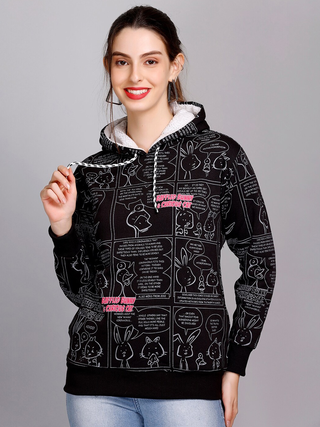 

eWools Conversational Printed Hooded Pullover, Black