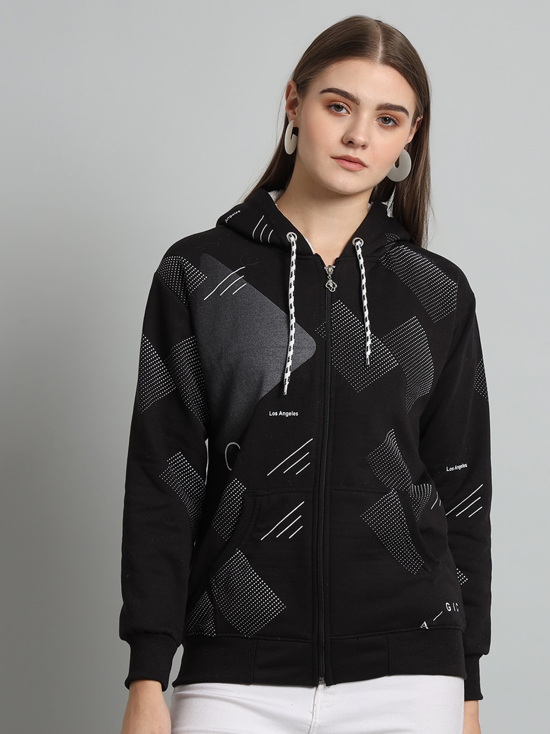 

eWools Geometric Printed Hooded Front-Open Sweatshirt, Black