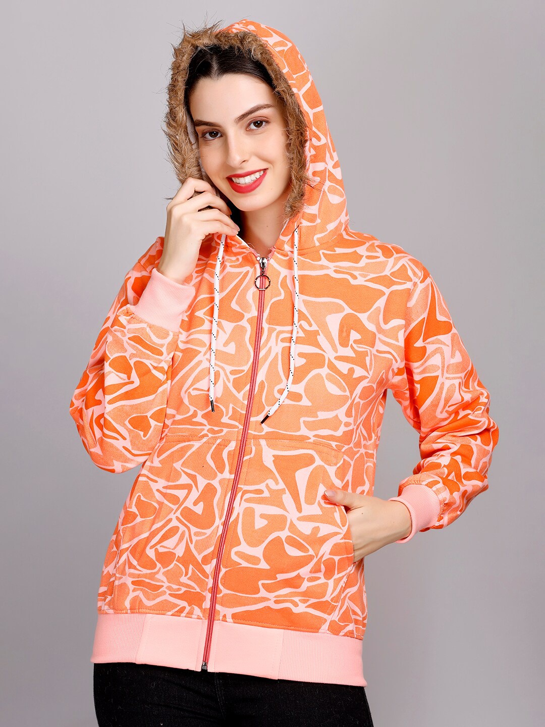 

eWools Abstract Printed Hooded Front-Open Sweatshirt, Orange