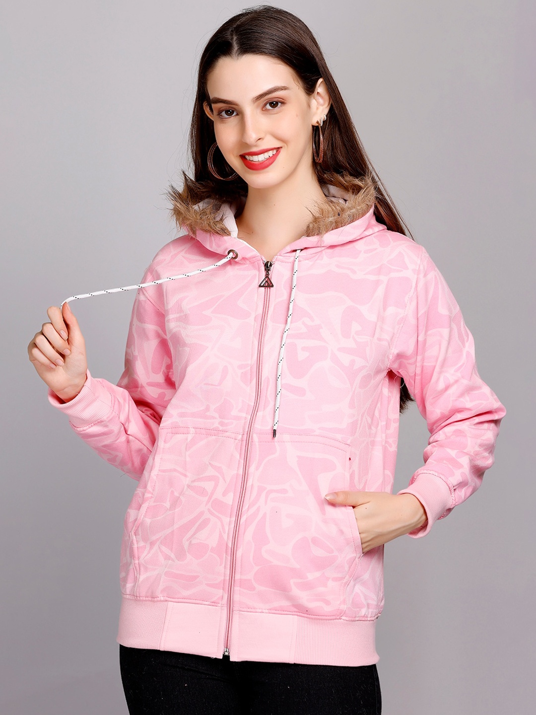 

eWools Abstract Printed Hooded Front-Open Sweatshirt, Pink