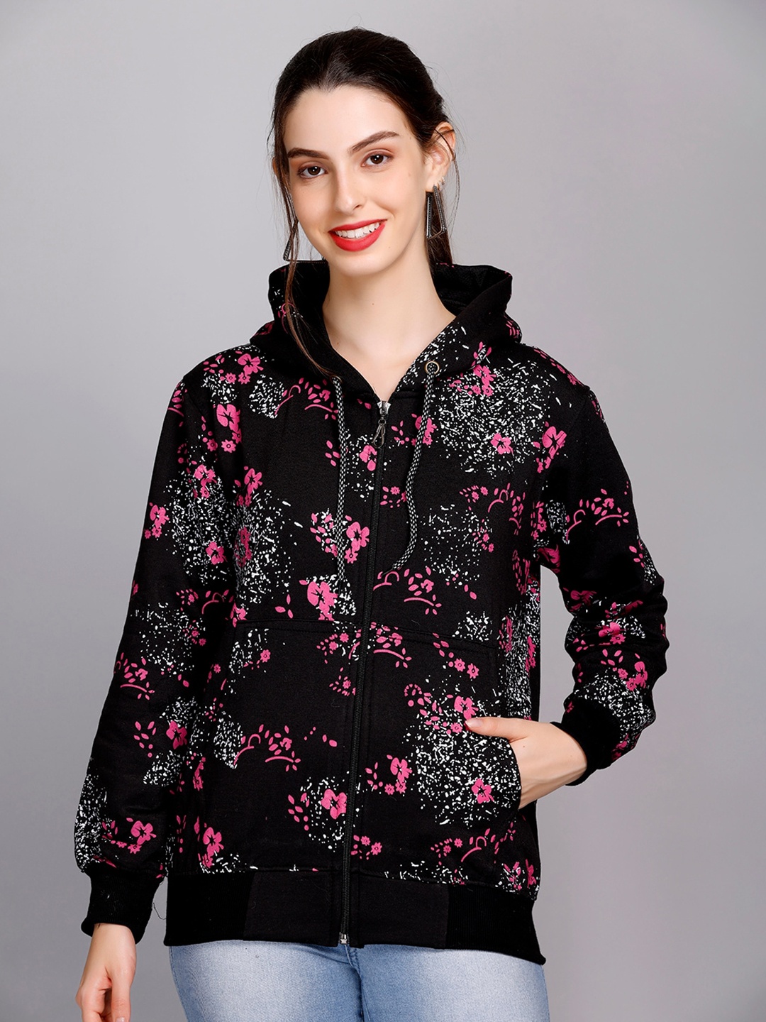 

eWools Floral Printed Hooded Front-Open Sweatshirt, Black