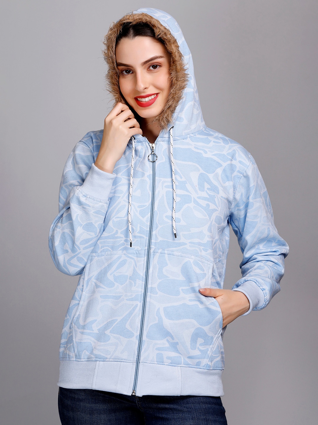 

eWools Abstract Printed Hooded Front-Open Sweatshirt, Blue