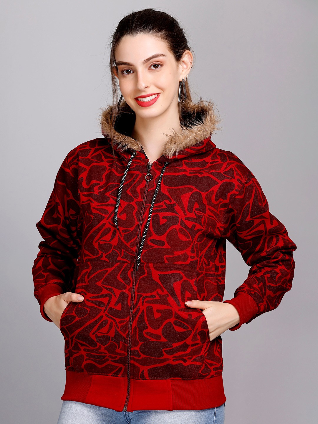 

eWools Abstract Printed Hooded Front-Open Sweatshirt, Red