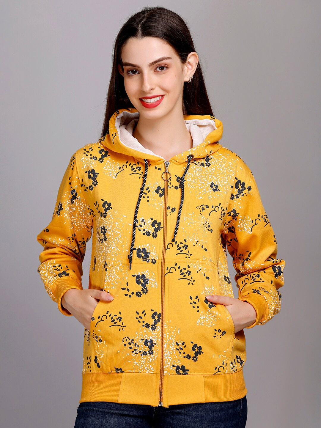 

eWools Floral Printed Hooded Front-Open Sweatshirt, Yellow