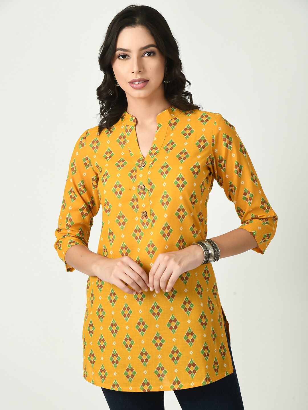 

Akshatani Ethnic Motifs Printed Mandarin Collar Pure Cotton Straight Kurti, Mustard
